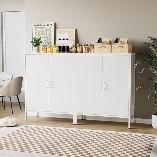 COFaR White Metal Storage Cabinet, 40” Kitchen Buffet & Coffee Bar Cabinet with Adjustable Shelves, 3-Tier Steel Organizer with Magnetic Doors, Sideboard for Dining Room, Home Office - Image 3