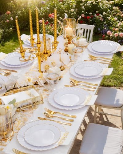 YOUBET 175PCS White and Gold Scalloped Plastic Plates for Party Wedding - Image 4