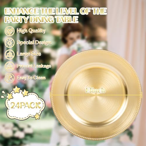 LIYH 24 Pcs Plastic Round Charger Plates 13'' Gold Charger Plates Chargers for Dinner Plate Great for Table Setting Wedding Party Decoration - Image 2