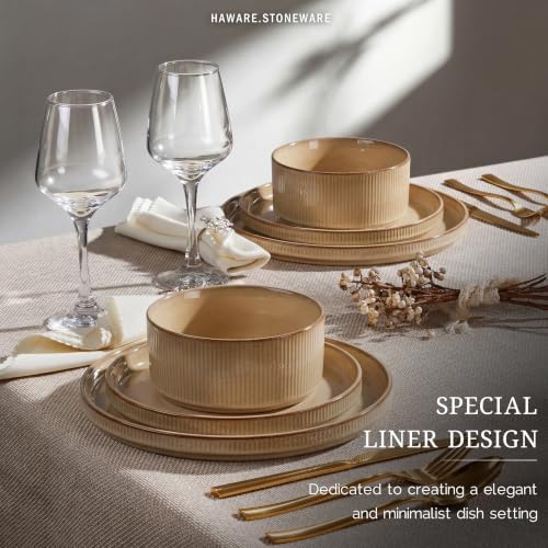 HaWare Dinnerware Sets, Plates and Bowls Set for 6, Reactive Dune Khaki - Image 4