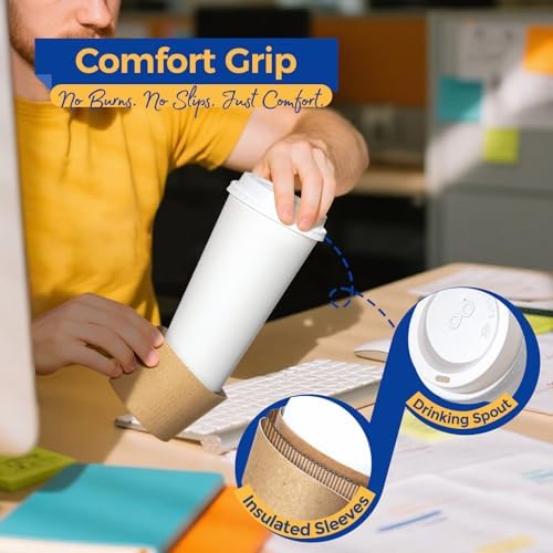 Fit Meal Prep 50 Pack 24 oz Disposable Coffee Cups with Lids, Sleeves, Leak-Proof To Go Coffee Cups with Lids, Durable Hot Paper Cups for Home, Office, Party, Business - Image 4