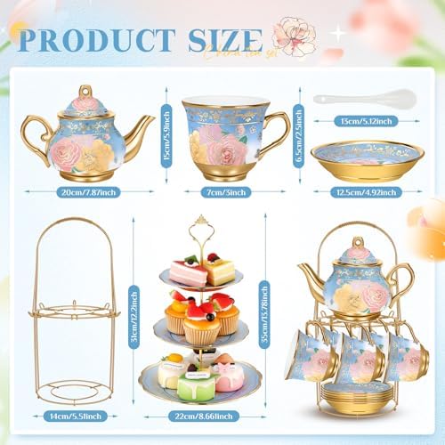 21 Pcs Porcelain Tea Set with 3 Tier Dessert Stand, Blue, Elegant - Image 2