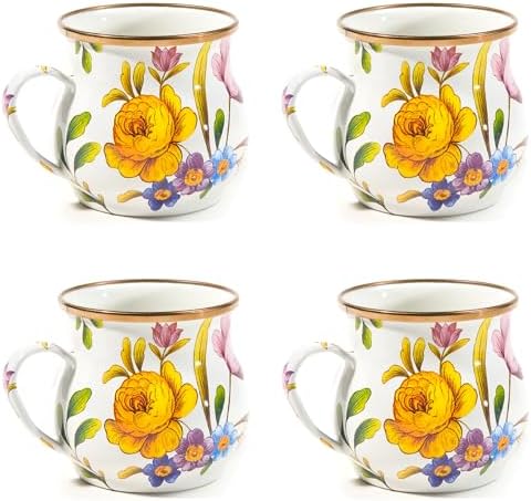 MACKENZIE-CHILDS Enamel Mug, Cute Enamelware Coffee and Tea Mug, Unique Drinkware, 16 Ounces, White Flower Market, Set of 4 by Unknown