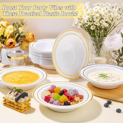 BESTSTAR 100 Pack Disposable Soup Bowls with Gold Rim - Image 6