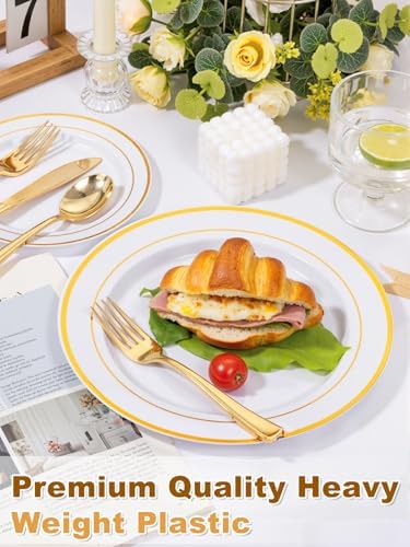 WDF 120 Pieces Gold Disposable Plastic Plates - White and Gold Plates Include Dinner Plate & Salad Plate for Party/Baby Shower/Wedding/Thanksgiving - Image 2