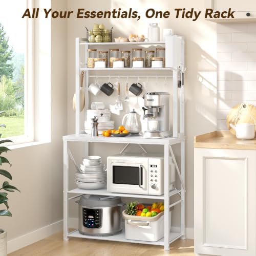 YASONIC Coffee Bar, Bakers Rack with Storage, 25.6 Inches Microwave Stand, 5 Tier Kitchen Shelves Appliance Storage, 12 S Hooks Large Coffee Station for Spices, Pots and Pans, White - Image 2