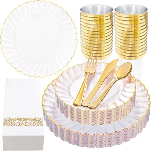 YOUBET 175PCS Clear and Gold Scalloped Plastic Plates for Party Wedding by YOUBET