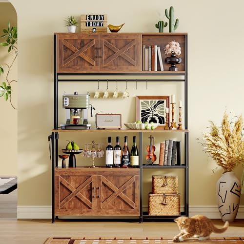 Huuger Large Bakers Rack with Power Outlet, Kitchen Microwave Stand with Cabinets, Coffee Bar Table Station with Storage, 6 S-Shaped Hooks, Mesh Shelves, 45 Inch Wooden Top, Rustic Brown - Image 7