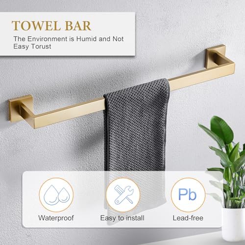 6-Piece Bathroom Hardware Set 23.6 Inch Gold Towel Bar Set Double Towel Bar Towel Ring Coat Hook and Toilet Paper Holder with Shelf Wall Mounted Stainless Steel Bathroom Accessories Set - Image 2