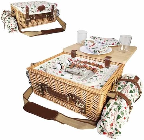 Wicker Picnic Basket Set for 2 Adults with Blankets & Table by OrgaNatureQueen