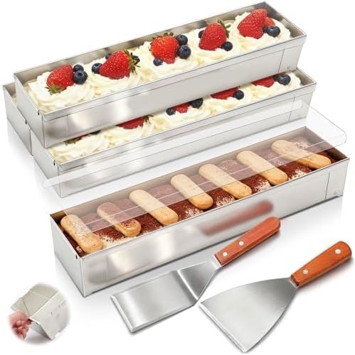 Blushtier 4 Pcs Nonstick Rectangle Tiramisu Cake Pan with Acrylic Lid and 2 Metal Spatula Removable Frame 304 Stainless Steel Cake Baking Molds for Tiramisu Cheesecake Mousse (15.75x3.94x2.56 Inch) by Blushtier