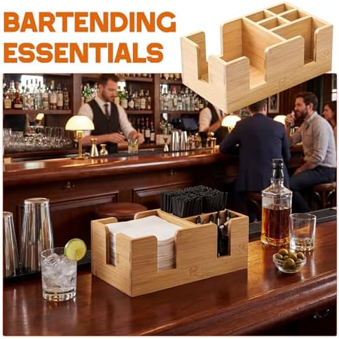 Mifoci Bamboo Bar Caddy, Wood Napkin & Straw Holder Organizer - Image 6
