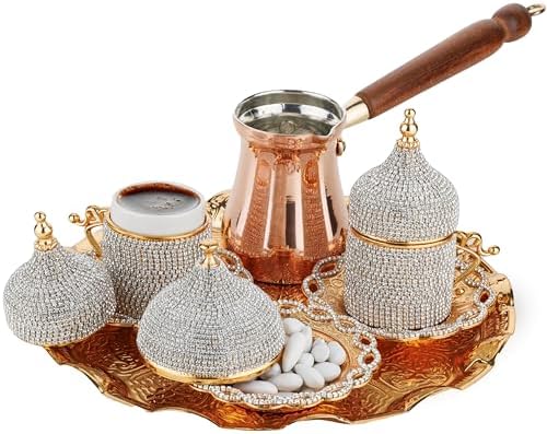 DEMMEX Turkish Greek Arabic Coffee Making and Serving Full Set with Cups Saucers Lids Sugar Bowl Tray and Copper Coffee Pot, Hand Decorated with Gold Crystals, 12 Pcs (Crystals) by DEMMEX