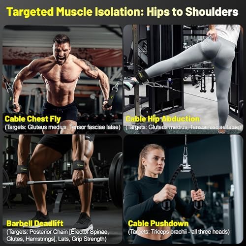 Cable Attachments for Gym, LAT Pulldown & Cable Machine Attachment Set: V-Shaped Bar, Rotating Straight Bar, V Rotation Handle, Nylon Tricep Rope, Ankle Straps & Handles, Home Gym - Image 4