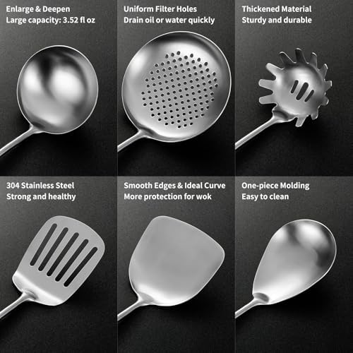 Izurok 18/10 Stainless Steel Kitchen Utensils Set,10 Piece Cooking Utensils With Wood Handle,Heat Resistant Kitchen Tool Set With Spatula,Spoon,Ladle,Skimmer,Slotted Turners,Pasta,Turner,Ladl,Fork - Image 5