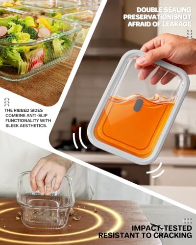 4-Pack Glass Food Storage Containers with Tempered Glass Lids, 2x 4.7 Cup & 2x 9.3 Cup, Airtight, Oven & Microwave Safe Borosilicate Glass (-4°F to 950°F) - Image 4