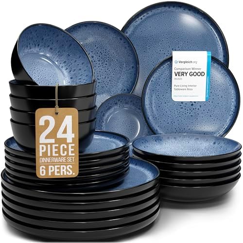 24 Piece Stoneware Dinnerware Set for 6, Handcrafted Plates and Bowls Set by PURELIVING