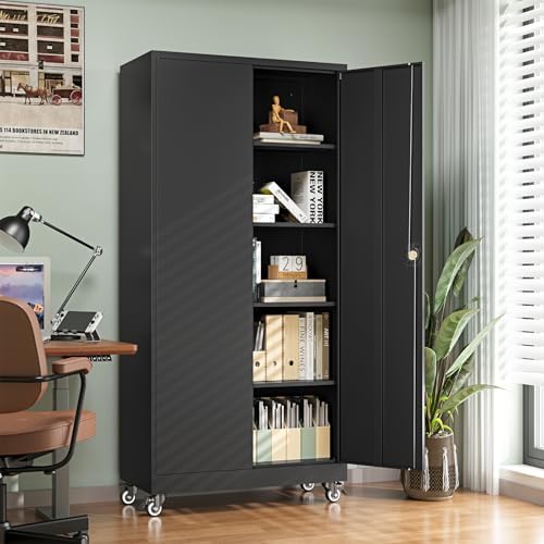 Letaya Metal Garage Storage Cabinets with Wheels,Steel Tool Cabinets Lock Door and Adjustable Shelves for Home,Office,Warehouse Organisieren (Black, 74.41" H) - Image 2