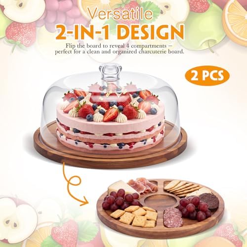 Mifoci 2 Pack Acacia Wood Cake Stand Serving Tray with Acrylic Lid, Charcuterie Table Display Set, 12 x 12 Inches Dessert Serving Tray Set for Bakery, Buffet, Home Party & Restaurant - Image 3