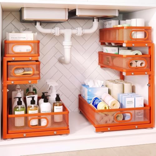Under Sink Organizer, 3-Tier Metal Sliding Drawers, 2-Pack Orange by GUUKAR