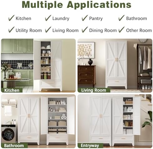 COFaR Metal Storage Cabinet, Farmhouse Storage Cabinet with 2 Doors and 4 Adjustable Shelves - 71" White Kitchen Pantry Storage 5-Tier Tall Steel Cabinets Locker for Kitchen, Living Room, Dining Room - Image 6