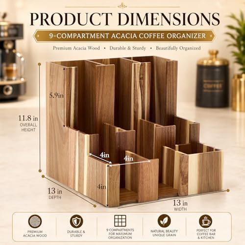 CroBlissful 9 Compartment Acacia Wood Vertical Coffee Cup and Lid Dispenser - Image 2