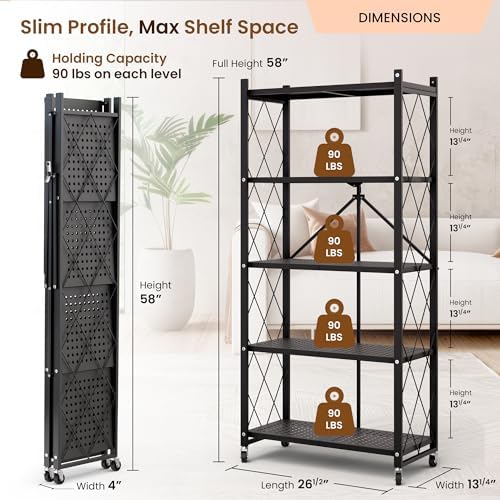 Our Modern Space 5-Tier Foldable Storage Shelf with Wheels | Metal Rack Collapsible Shelving Display | Rolling Cart for Books Kitchen Storage Shelves | Pantry & Closet Organizer | Office Room Decor - Image 2