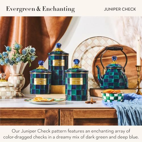 MACKENZIE-CHILDS Enamel Canister, Medium, Dark-Green-and-Blue Juniper Check - Image 3