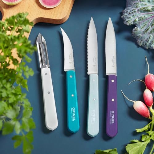 OPINEL Les Essentials - Small Kitchen 4 Piece Knife Set - Paring, Serrated, Peeler, Vegetable Knife, Corrosion Resistant High Carbon Steel, Made in France (Art Deco) - Image 3
