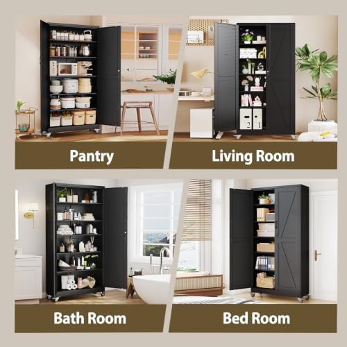 Metal Storage Cabinets with Wheels, Steel Tool Cabinets Lock Door and 5 Adjustable Shelves for Home Office, Garage, Kitchen (Black, 78.7" H) - Image 7