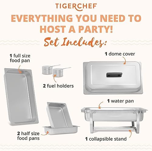 Complete Stainless Steel Chafing Dish Set by TigerChef, Buffet Food Warmer with Foldable Frame, Fuel Holders with Covers, Food Pans, Water Pan, Elegant Buffet Set for Parties, 8 Qt Capacity - Image 3