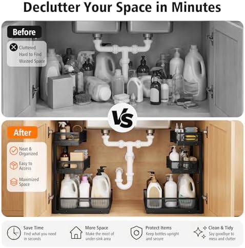 Under Sink Organizer, 3 Tier Pull Out Cabinet Organizer with 5 Adjustable Heights, Metal Under Sink Storage with Sliding Drawers for Kitchen, Bathroom, Pantry and Laundry Room, 2-Pack Black - Image 5