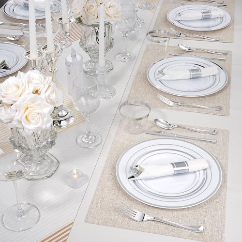 700 PCS White and Silver Plastic Dinnerware Set for 100 Guests, 200 Disposable Plates for Party, 100 Pre Rolled Napkins with Silver Silverware, 100 Cups - Image 5