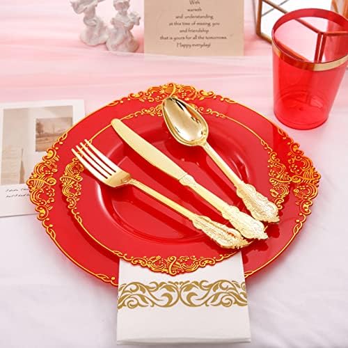 Morejoy 175PCS Red Plastic Plates,Red Disposable Plates With Gold Rim - Image 2
