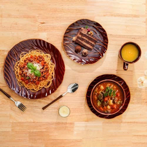 Ceramic Dinnerware Sets for 6, 24 pcs Plates and Bowls Sets, Reactive Glaze Ceramic Dish Set, Scratch Resistant, Microwave & Dishwasher Safe, Highly Chip and Crack Resistant Dishware sets, Rust Brown - Image 6