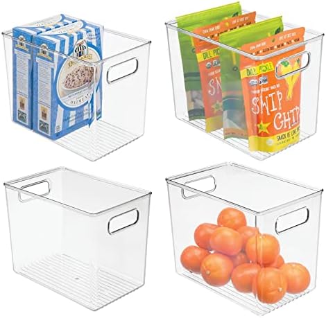 mDesign Plastic Deep Kitchen and Pantry Organizer Storage Bin with Handles for Cabinet, Fridge, Freezer - Food Storage Containers for Snacks, Yogurt Pouches or Fruit, Ligne Collection, 4 Pack, Clear by mDesign