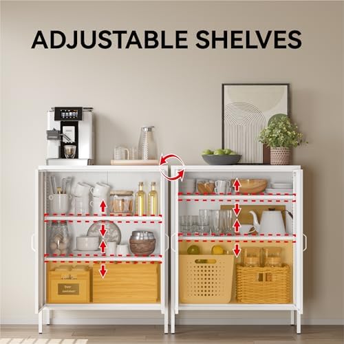 COFaR White Metal Storage Cabinet, 40” Kitchen Buffet & Coffee Bar Cabinet with Adjustable Shelves, 3-Tier Steel Organizer with Magnetic Doors, Sideboard for Dining Room, Home Office - Image 5
