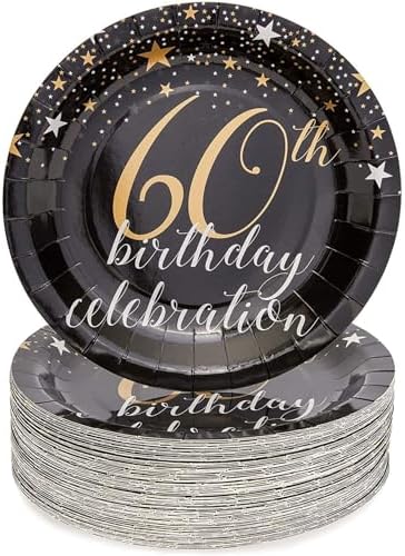 BLUE PANDA 60th Birthday Party Paper Plates - Chic Black & Gold Design for 60th Birthday Party Decoration - Durable & Disposable Plate Pack for Easy Cleanup - 9 in, Pack of 80 by BluePanda