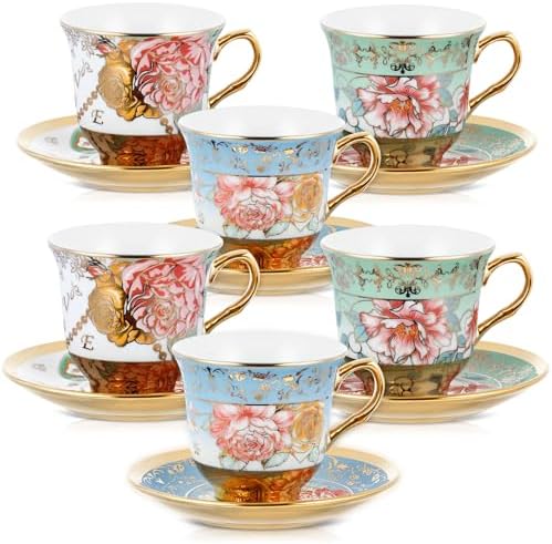 Teenyyou Set of 6 Tea Cups and Saucers, Classic Style, 5.4 oz by Teenyyou