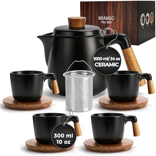 MIAMIO – 34 Oz Ceramic Tea Pot Set with Infuser and Cups/Tea Strainer, 4 Ceramic Tea Mugs (10 Oz), Bamboo Saucers/Handle for Home and Office (Black) by MIAMIO