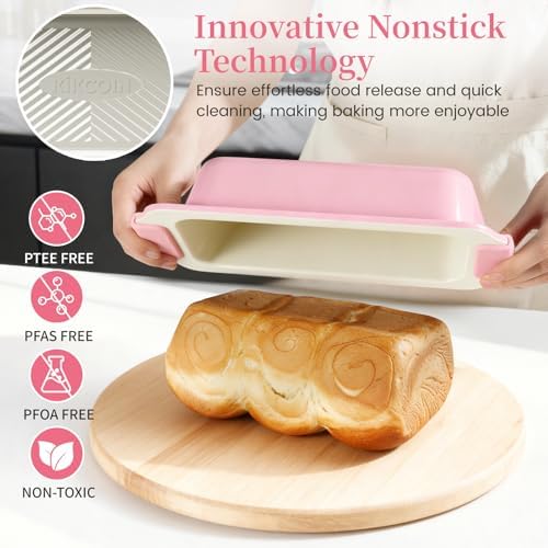 Kikcoin 25-Piece Nonstick Baking Pans Set with Large Turkey Roasting Pan, Stackable Bakeware Set, 450°F Oven Safe Baking Sheet Set with Silicone Handles, Carbon Steel Cookie Sheets for Baking, Pink - Image 4