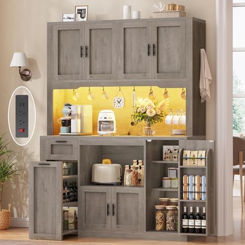 Itaar 71" Pantry Cabinet with Charging Station and LED Light, Kitchen Pantry Cabinet with Microwave Stand, 47.2" Wide Kitchen Storage Cabinets with Storage Cart 3 Tier for Dining Room, Grey by Itaar
