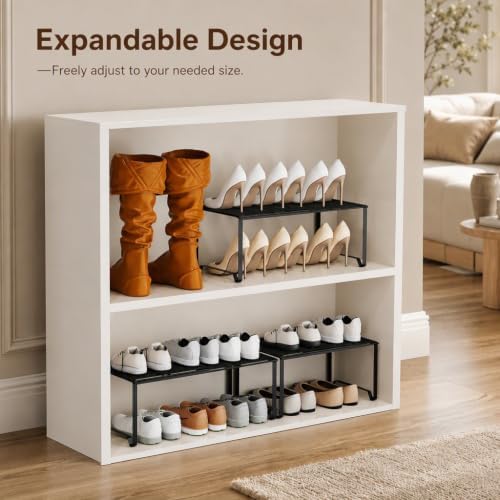 Extendable Metal Wire Shelf Organizer - Adjustable 15-24.4in Length, Stackable Storage Rack for Kitchen/Pantry/Bathroom/Shoe Cabinet/Tool Closet (1,Black) - Image 4