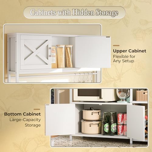 Huuger Large Bakers Rack with Power Outlet, Kitchen Microwave Stand with Cabinets, Coffee Bar Table Station with Storage, 6 S-Shaped Hooks, Mesh Shelves, 45 Inch Wooden Top, White - Image 5