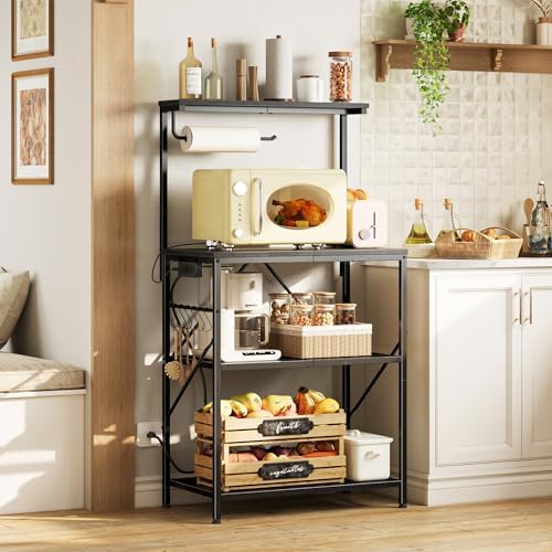 Huuger 4-Tier Bakers Rack with Reversible Power Outlet, 23.6 Inch Microwave Stand, Kitchen Coffee Bar, with Top Shelf, 6 S Hooks, Black - Image 2