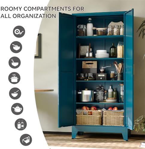 COFaR 71" Metal Pantry Cabinet in Peacock Blue, 5-Tier Storage with Adjustable Shelves, Modern Statement Cupboard for Kitchen, Bathroom & Living Room - Image 5