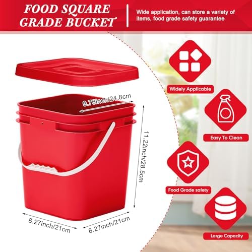 Mumufy 5 Pcs 3.5 Gallon Square Food Grade Bucket with Lid, Red - Image 2