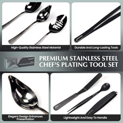 9-Piece Professional Culinary Plating Set, Black Stainless Steel Chef Plating Tools with Storage Roll & Cleaning Cloth for Food Presentation - Image 3