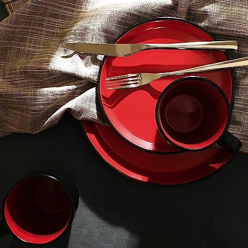 Stone Lain Albie Stoneware 16 Piece Modern Dinnerware Set, Kitchen Plates and Bowls Sets, Service for 4, Red and Black, Microwave & Dishwasher Safe - Image 2