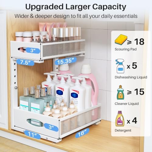 Under Sink Organizer, 2 Tier Pull Out Under Cabinet Organizer Shelf with Pad for Framed Cabinets, Metal Slide Out Under Sink Storage, Mesh Sliding Drawers for Kitchen Bathroom Laundry(White, 1 Pack) - Image 3
